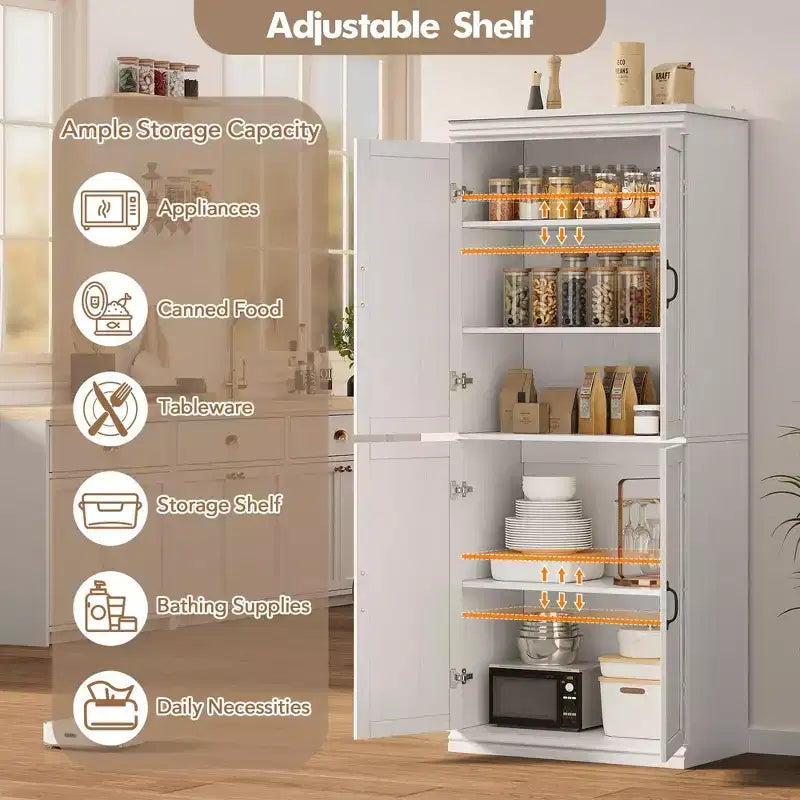 Meuble de rangement haut, armoire de garde-manger autoportante avec étagères réglables et portes, placard de cuisine de 178 cm