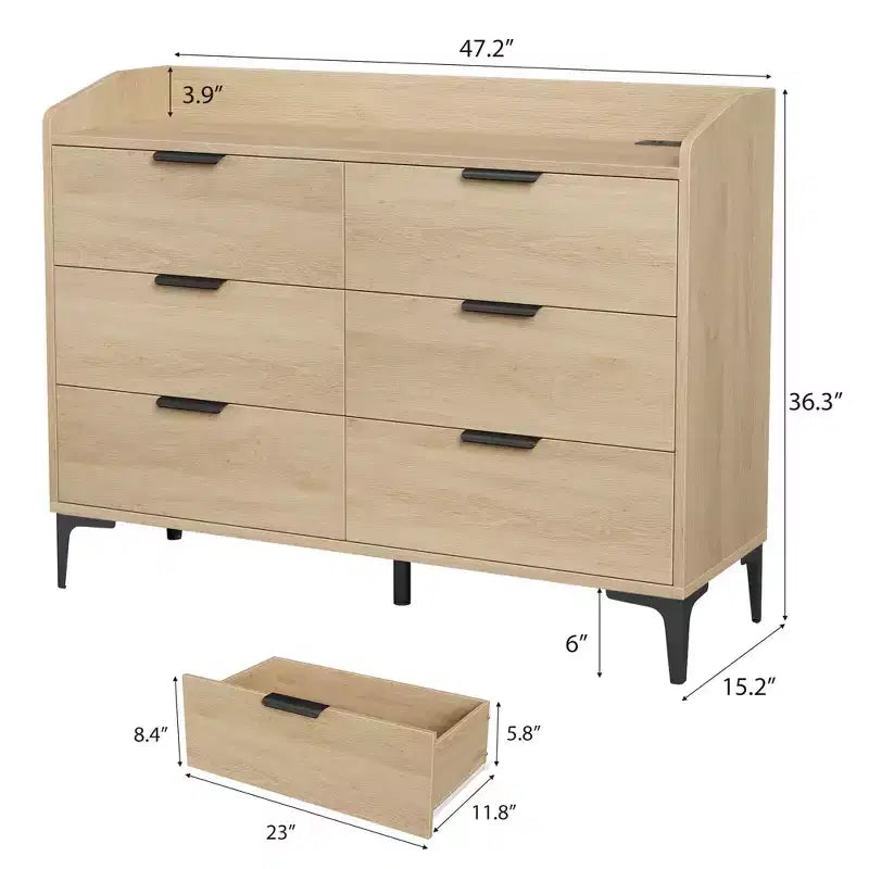 Commode Garvee 6 pour chambre, commode à tiroirs autoportante de 120 cm de large avec prises de courant, coffre de rangement en bois pour salon