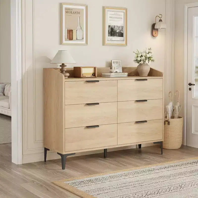 Commode Garvee 6 pour chambre, commode à tiroirs autoportante de 120 cm de large avec prises de courant, coffre de rangement en bois pour salon