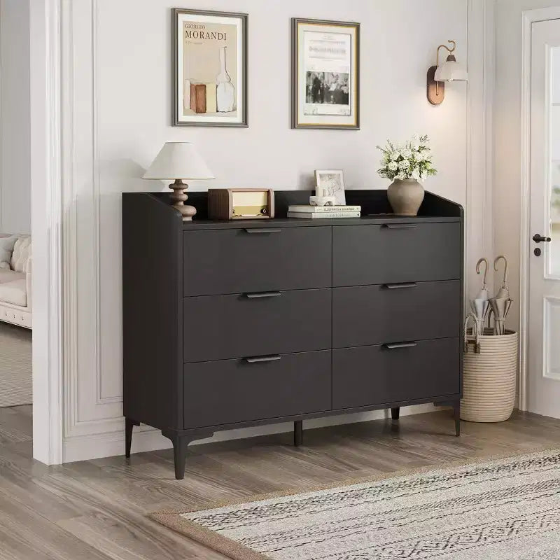 Commode Garvee 6 pour chambre, commode à tiroirs autoportante de 120 cm de large avec prises de courant, coffre de rangement en bois pour salon
