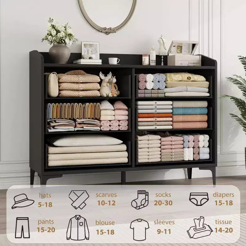 Commode Garvee 6 pour chambre, commode à tiroirs autoportante de 120 cm de large avec prises de courant, coffre de rangement en bois pour salon