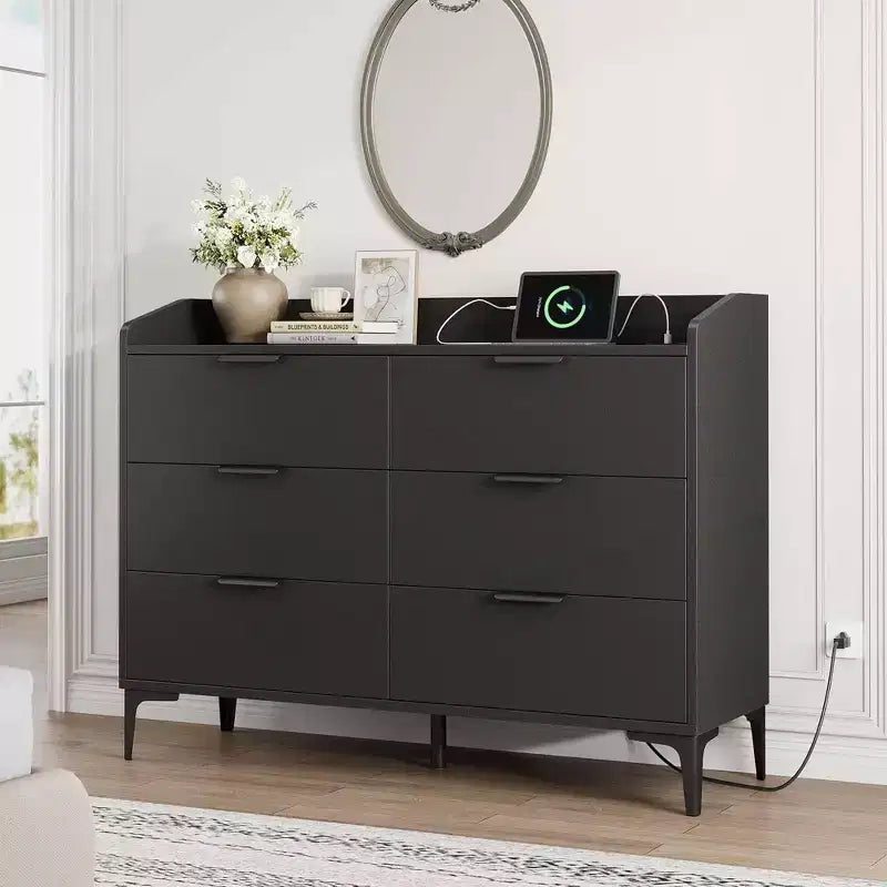 Garvee 6 Dresser for Bedroom, Freestanding 47.2 Wide Drawer Dresser with Power Outlets, Wooden Closet Storage Chest for Living Room