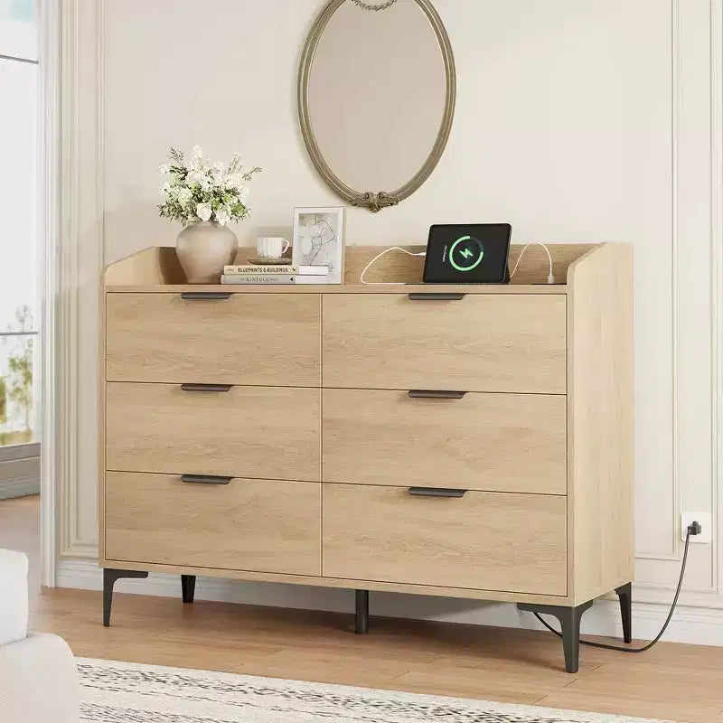 Commode Garvee 6 pour chambre, commode à tiroirs autoportante de 120 cm de large avec prises de courant, coffre de rangement en bois pour salon