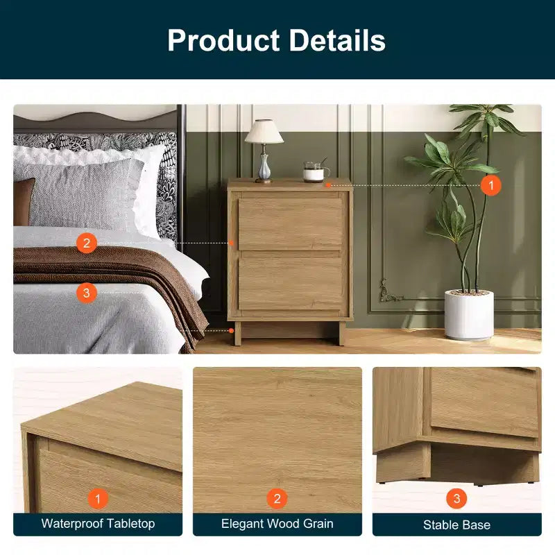 Commode à 2 tiroirs Heynemo, commode moderne en bois avec détails de bords épurés, unité de rangement polyvalente pour chambre à coucher, salon, bureau, entrée