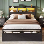 Black Metal Queen Bed Frame With Storage Drawers Wood Headboard Shelf LED Lights Charging Station Heavy Duty Platform No Box Spring Needed Bedroom