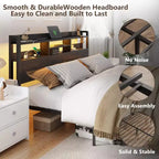 Cadre de lit Queen Size en métal noir avec tiroirs de rangement, tête de lit en bois, étagère, lumières LED, station de recharge, plateforme robuste, pas besoin de sommier, pour chambre à coucher