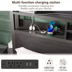 Cadre de lit Queen Size en métal noir avec tiroirs de rangement, tête de lit en bois, étagère, lumières LED, station de recharge, plateforme robuste, pas besoin de sommier, pour chambre à coucher