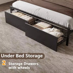 Cadre de lit Queen Size en métal noir avec tiroirs de rangement, tête de lit en bois, étagère, lumières LED, station de recharge, plateforme robuste, pas besoin de sommier, pour chambre à coucher