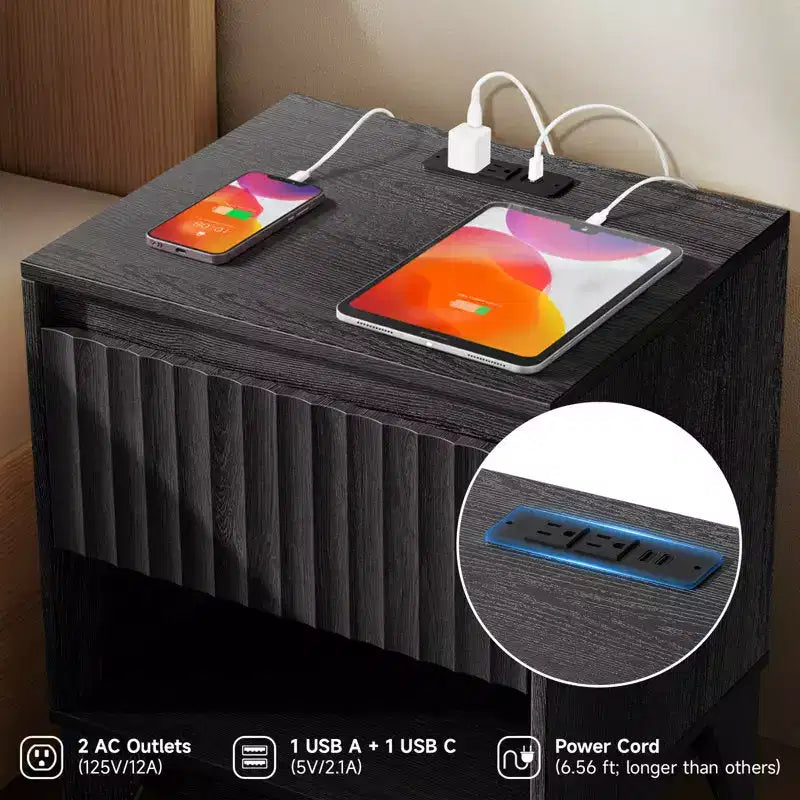 KOLIGEY 1 - Table de chevet à tiroir avec station de recharge, table d'appoint polyvalente avec rangement