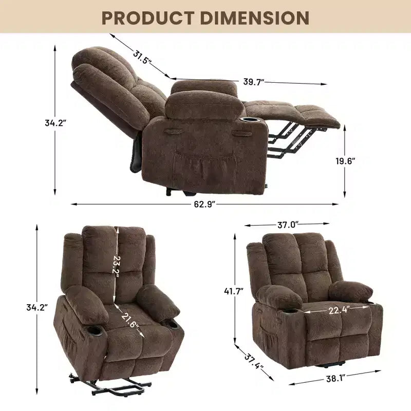 Fauteuil inclinable électrique surdimensionné pour personnes âgées avec massage par vibration et chauffage lombaire, réglage à plat, fauteuils inclinables, aide à la position debout