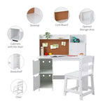 Ensemble bureau et chaise pour enfant avec huche, table d'étude en bois avec étagère, rangement et tableau en liège, bureau d'écriture pour enfants pour l'école à la maison, blanc