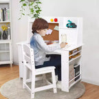 Ensemble bureau et chaise pour enfant avec huche, table d'étude en bois avec étagère, rangement et tableau en liège, bureau d'écriture pour enfants pour l'école à la maison, blanc