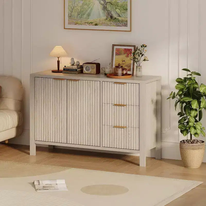 Bahut à 47 cannelures, 2 portes, 3 tiroirs, étagère réglable, pour salle à manger, salon, entrée
