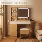 Coiffeuse GustoWave avec miroir, panneau pliable, chaise de rangement, tiroir et étagères, ensemble de coiffeuse compact pour chambre, bois naturel