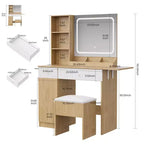 Coiffeuse GustoWave avec miroir, panneau pliable, chaise de rangement, tiroir et étagères, ensemble de coiffeuse compact pour chambre, bois naturel