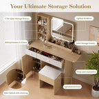 Coiffeuse GustoWave avec miroir, panneau pliable, chaise de rangement, tiroir et étagères, ensemble de coiffeuse compact pour chambre, bois naturel