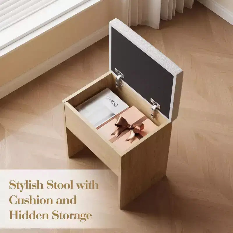 Coiffeuse GustoWave avec miroir, panneau pliable, chaise de rangement, tiroir et étagères, ensemble de coiffeuse compact pour chambre, bois naturel