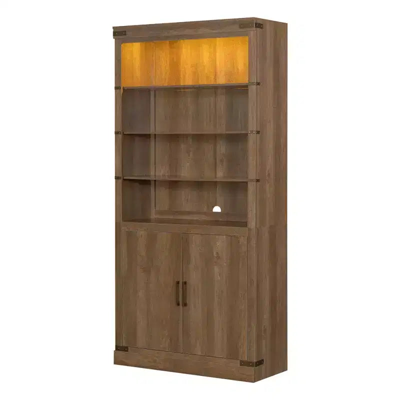 Étagère à livres à 4 niveaux, meuble de rangement avec lumières LED, meuble de rangement avec étagères réglables, Noyer, style rétro campagnard - ModernLuxe