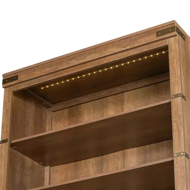 Étagère à livres à 4 niveaux, meuble de rangement avec lumières LED, meuble de rangement avec étagères réglables, Noyer, style rétro campagnard - ModernLuxe