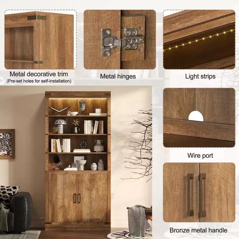 Étagère à livres à 4 niveaux, meuble de rangement avec lumières LED, meuble de rangement avec étagères réglables, Noyer, style rétro campagnard - ModernLuxe