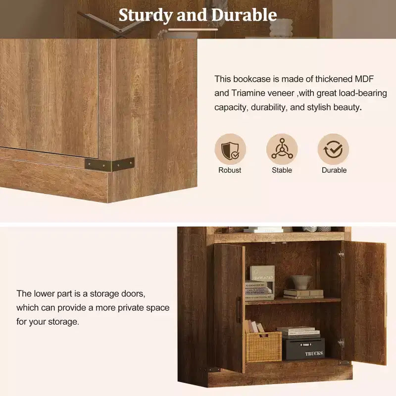 Étagère à livres à 4 niveaux, meuble de rangement avec lumières LED, meuble de rangement avec étagères réglables, Noyer, style rétro campagnard - ModernLuxe