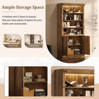 Étagère à livres à 4 niveaux, meuble de rangement avec lumières LED, meuble de rangement avec étagères réglables, Noyer, style rétro campagnard - ModernLuxe