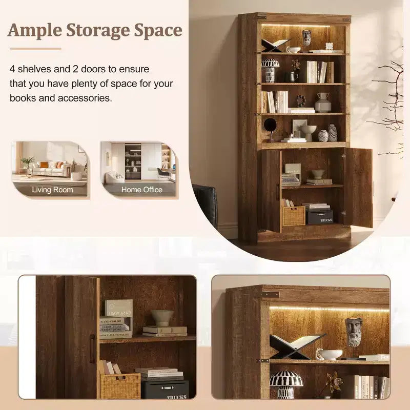 Étagère à livres à 4 niveaux, meuble de rangement avec lumières LED, meuble de rangement avec étagères réglables, Noyer, style rétro campagnard - ModernLuxe