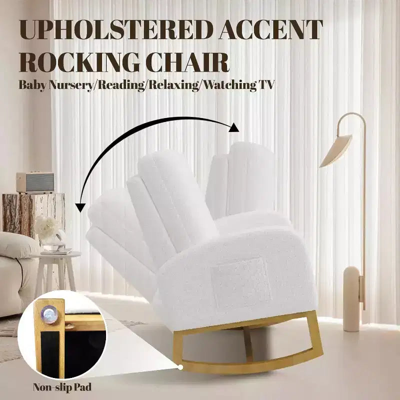 Fauteuil à bascule moderne, fauteuil à bascule planeur rembourré en fausse peau d'agneau douce avec dossier haut, poches latérales
