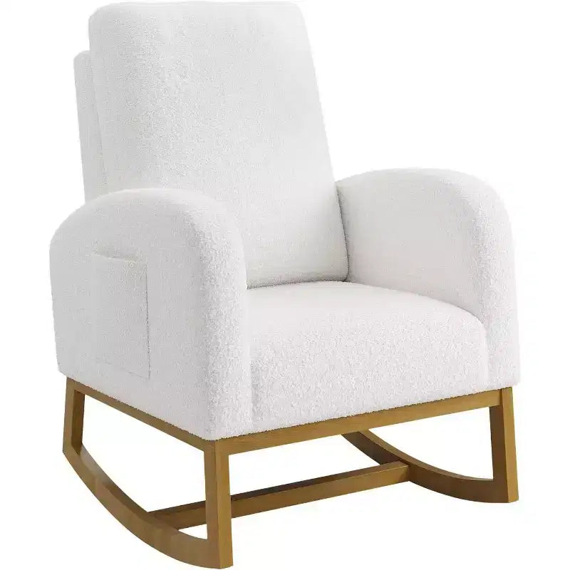 Fauteuil à bascule moderne, fauteuil à bascule planeur rembourré en fausse peau d'agneau douce avec dossier haut, poches latérales
