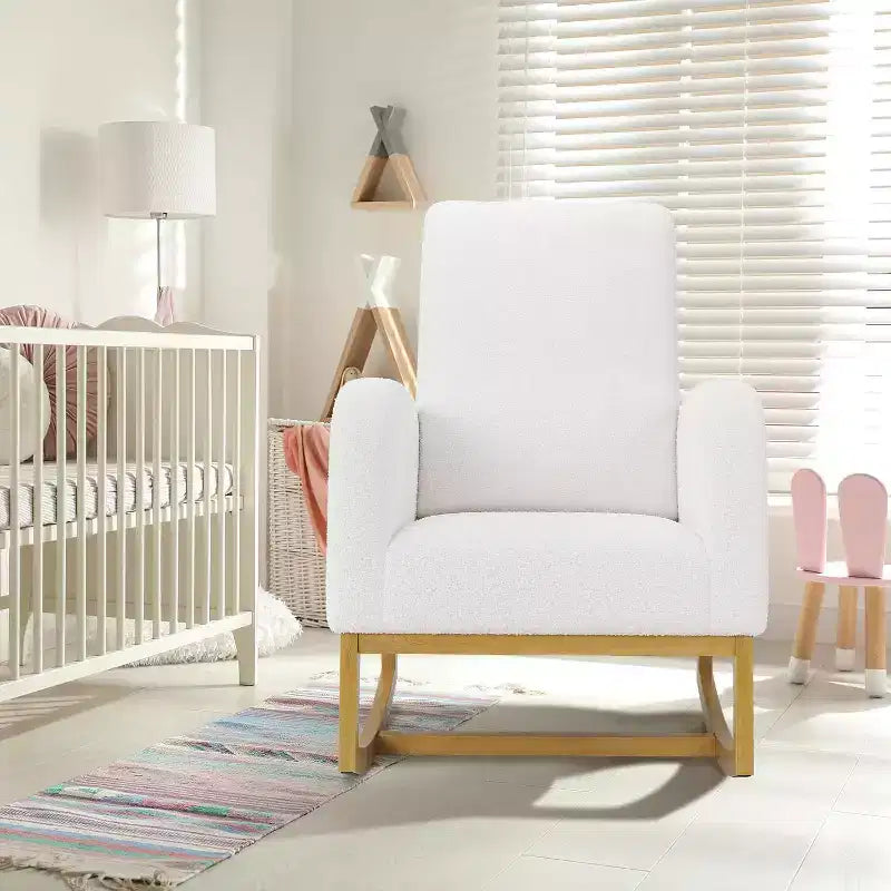 Fauteuil à bascule moderne, fauteuil à bascule planeur rembourré en fausse peau d'agneau douce avec dossier haut, poches latérales