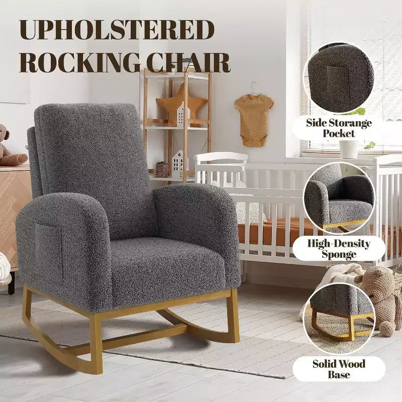 Fauteuil à bascule moderne, fauteuil à bascule planeur rembourré en fausse peau d'agneau douce avec dossier haut, poches latérales