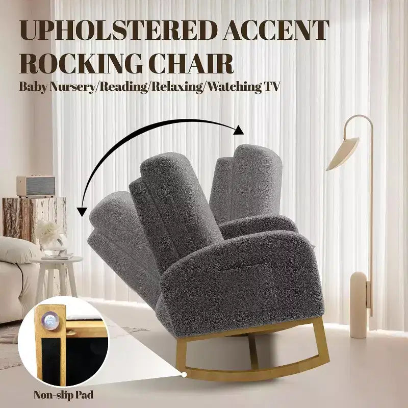 Fauteuil à bascule moderne, fauteuil à bascule planeur rembourré en fausse peau d'agneau douce avec dossier haut, poches latérales