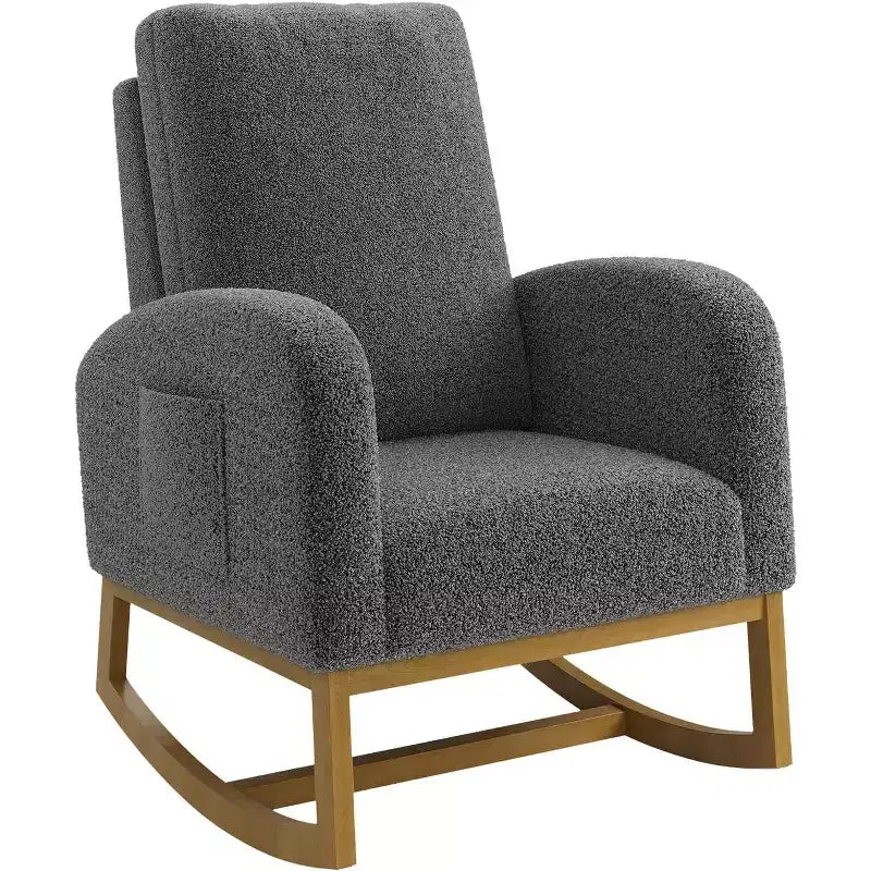 Fauteuil à bascule moderne, fauteuil à bascule planeur rembourré en fausse peau d'agneau douce avec dossier haut, poches latérales