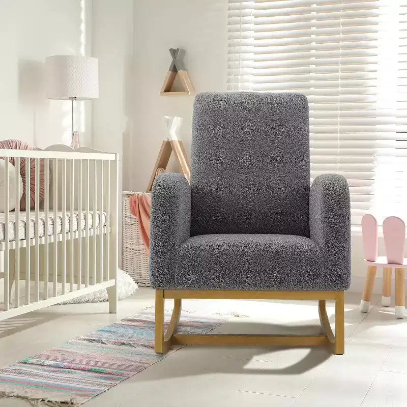 Fauteuil à bascule moderne, fauteuil à bascule planeur rembourré en fausse peau d'agneau douce avec dossier haut, poches latérales