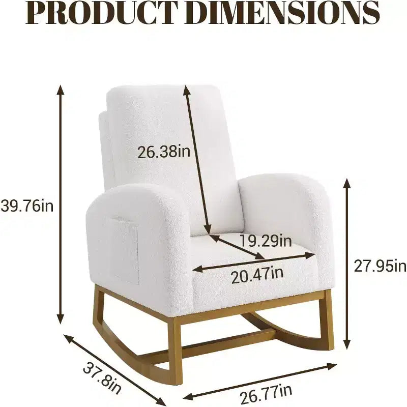 Fauteuil à bascule moderne, fauteuil à bascule planeur rembourré en fausse peau d'agneau douce avec dossier haut, poches latérales