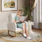 Fauteuil à bascule moderne, fauteuil à bascule planeur rembourré en fausse peau d'agneau douce avec dossier haut, poches latérales