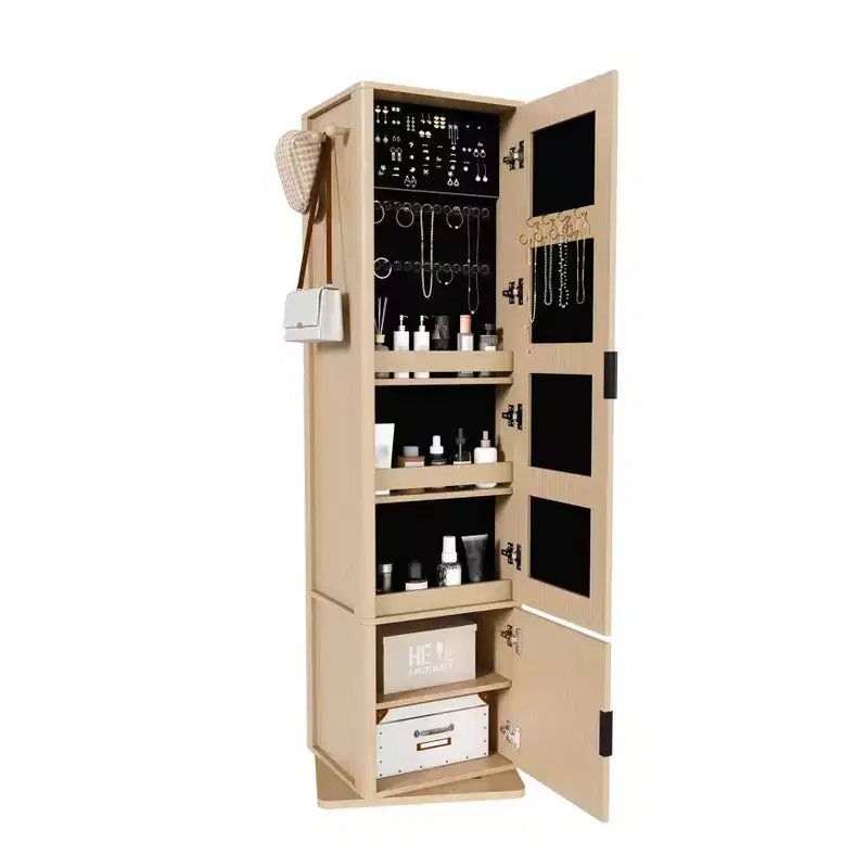 Porte-manteau rotatif à 360°, étagère autoportante, meuble d'entrée, coiffeuse, armoire à bijoux, armoire de rangement avec miroir pleine longueur, crochets, étagère ouverte - ModernLuxe