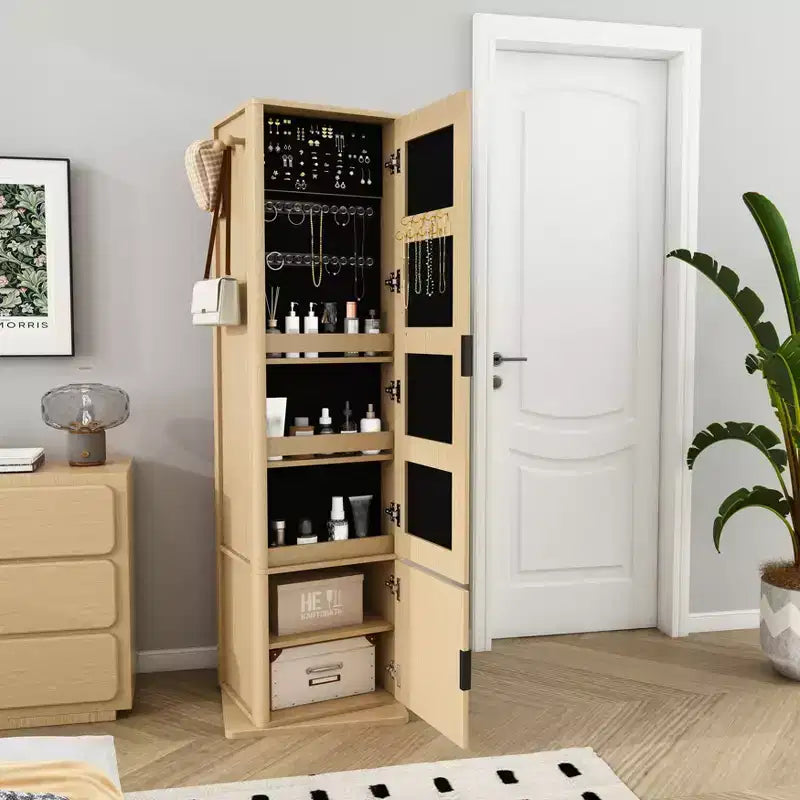 Porte-manteau rotatif à 360°, étagère autoportante, meuble d'entrée, coiffeuse, armoire à bijoux, armoire de rangement avec miroir pleine longueur, crochets, étagère ouverte - ModernLuxe
