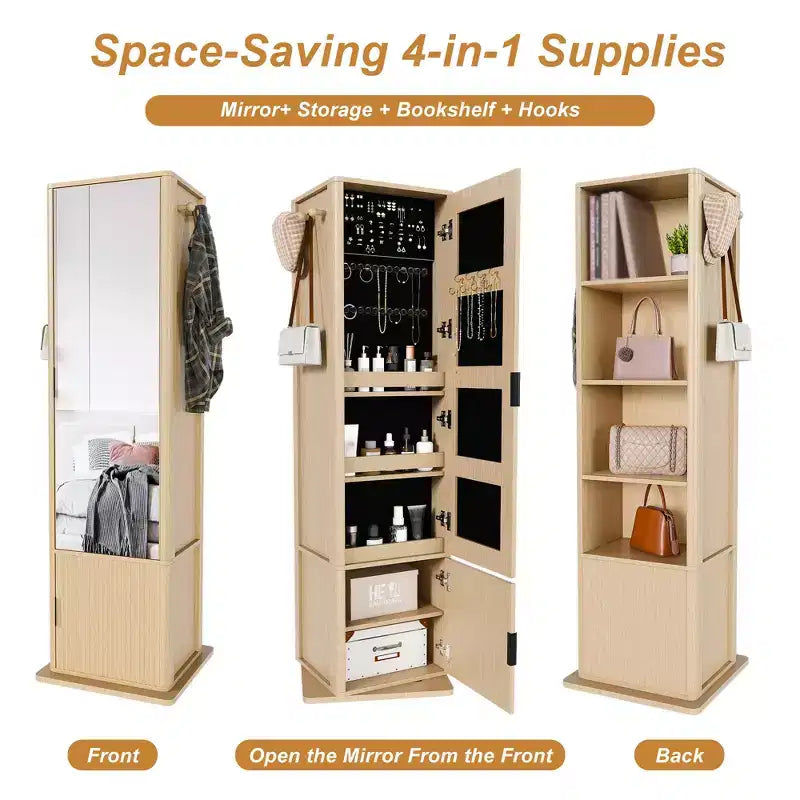 Porte-manteau rotatif à 360°, étagère autoportante, meuble d'entrée, coiffeuse, armoire à bijoux, armoire de rangement avec miroir pleine longueur, crochets, étagère ouverte - ModernLuxe