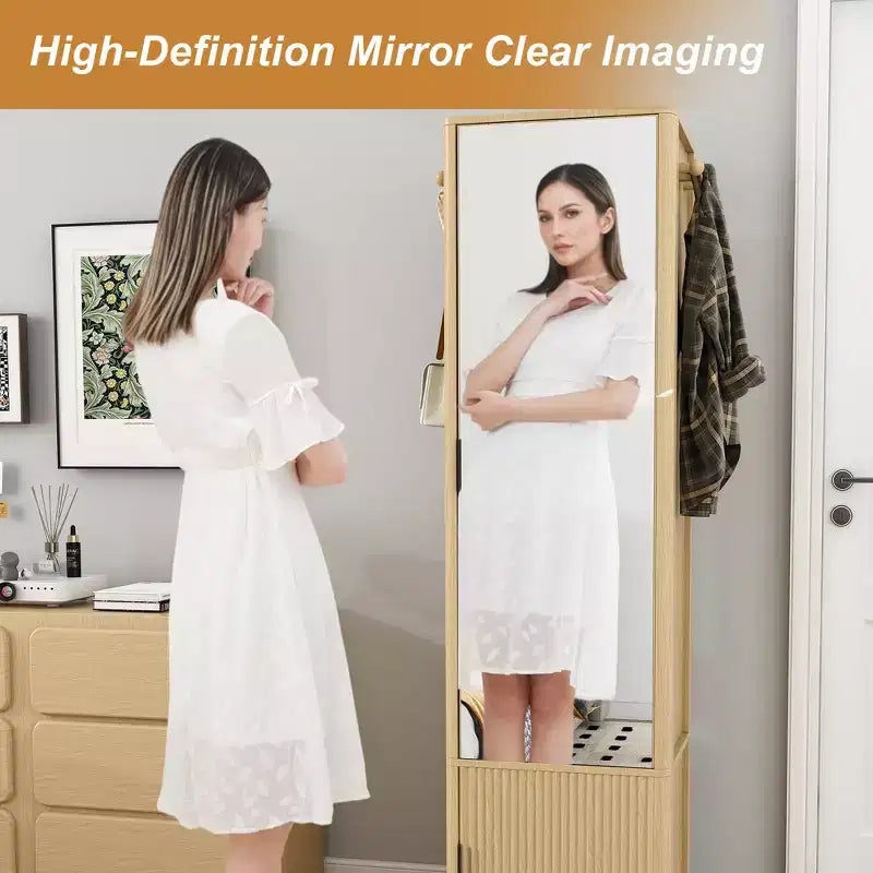 Porte-manteau rotatif à 360°, étagère autoportante, meuble d'entrée, coiffeuse, armoire à bijoux, armoire de rangement avec miroir pleine longueur, crochets, étagère ouverte - ModernLuxe