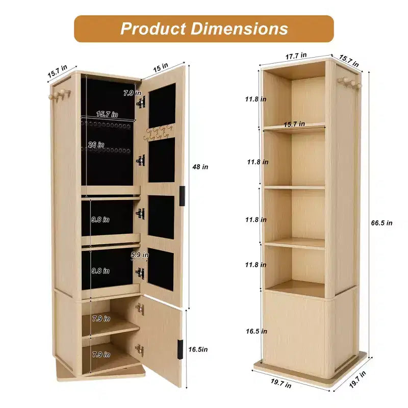 Porte-manteau rotatif à 360°, étagère autoportante, meuble d'entrée, coiffeuse, armoire à bijoux, armoire de rangement avec miroir pleine longueur, crochets, étagère ouverte - ModernLuxe