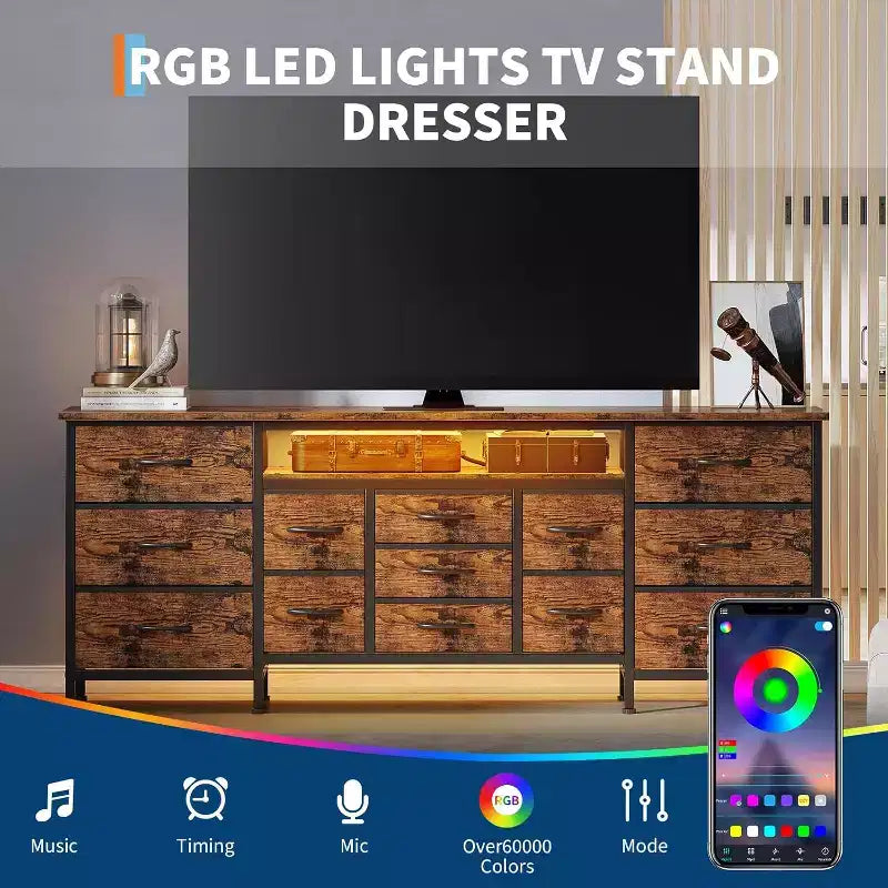 Commode et meuble TV 13 tiroirs de 70 pouces, organisateur de rangement multifonctionnel pour téléviseurs de 65 à 80 pouces, armoire en tissu pour chambre et salon