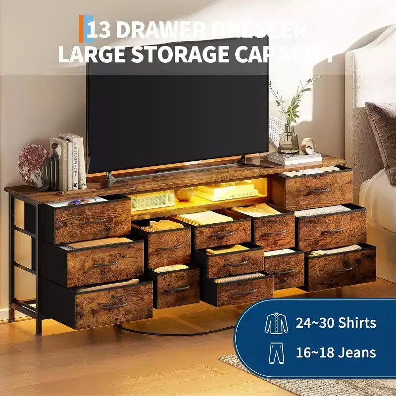 Commode et meuble TV 13 tiroirs de 70 pouces, organisateur de rangement multifonctionnel pour téléviseurs de 65 à 80 pouces, armoire en tissu pour chambre et salon
