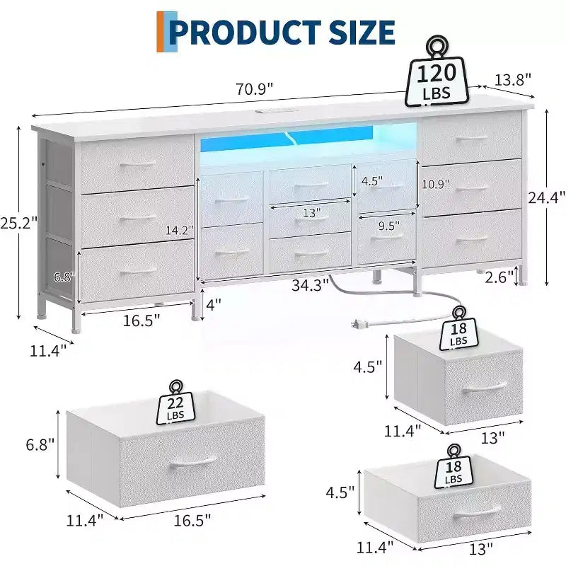 Commode et meuble TV 13 tiroirs de 70 pouces, organisateur de rangement multifonctionnel pour téléviseurs de 65 à 80 pouces, armoire en tissu pour chambre et salon