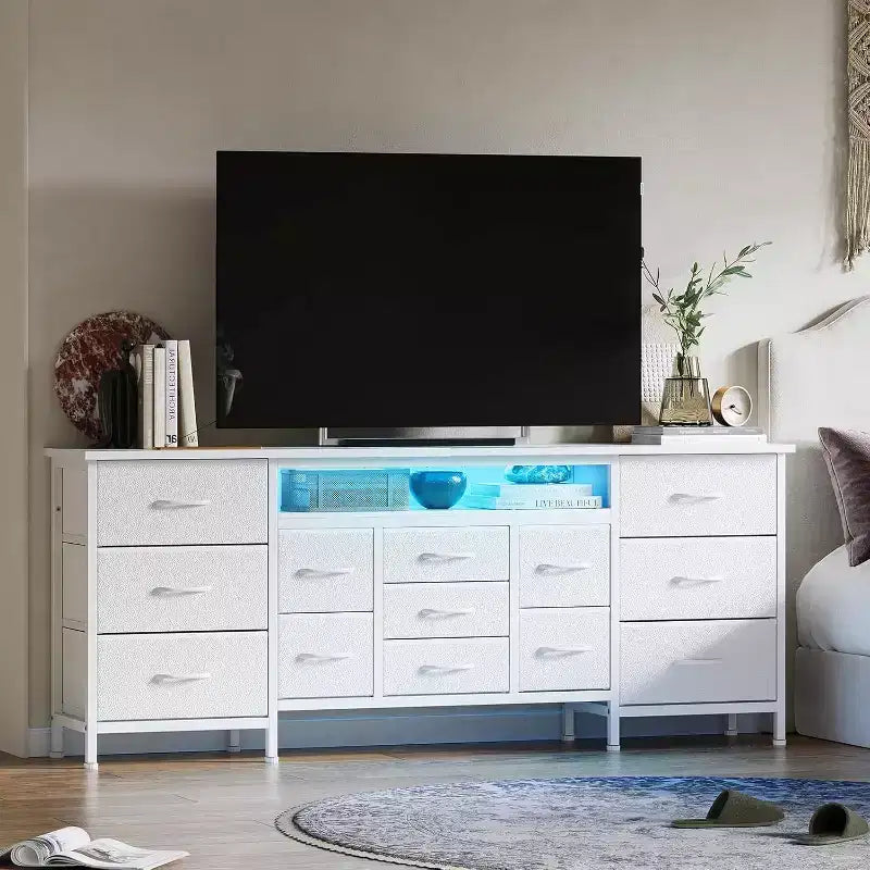 Commode et meuble TV 13 tiroirs de 70 pouces, organisateur de rangement multifonctionnel pour téléviseurs de 65 à 80 pouces, armoire en tissu pour chambre et salon
