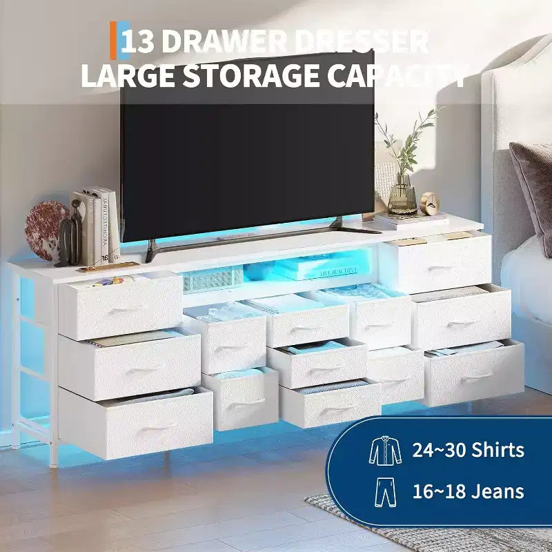 Commode et meuble TV 13 tiroirs de 70 pouces, organisateur de rangement multifonctionnel pour téléviseurs de 65 à 80 pouces, armoire en tissu pour chambre et salon