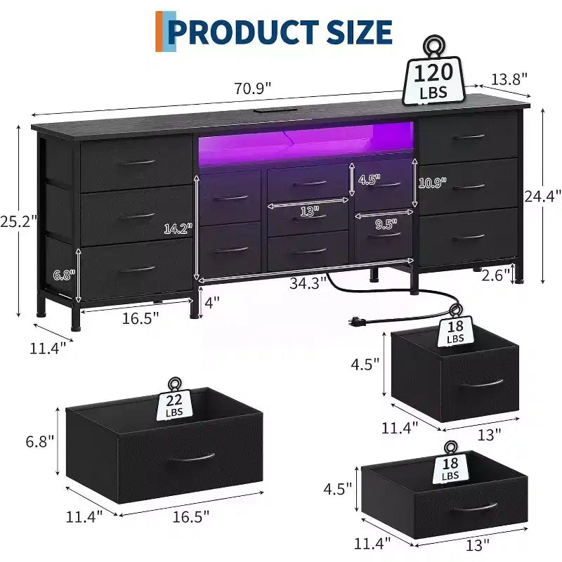 Commode et meuble TV 13 tiroirs de 70 pouces, organisateur de rangement multifonctionnel pour téléviseurs de 65 à 80 pouces, armoire en tissu pour chambre et salon