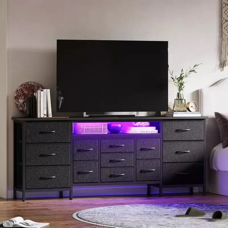 Commode et meuble TV 13 tiroirs de 70 pouces, organisateur de rangement multifonctionnel pour téléviseurs de 65 à 80 pouces, armoire en tissu pour chambre et salon