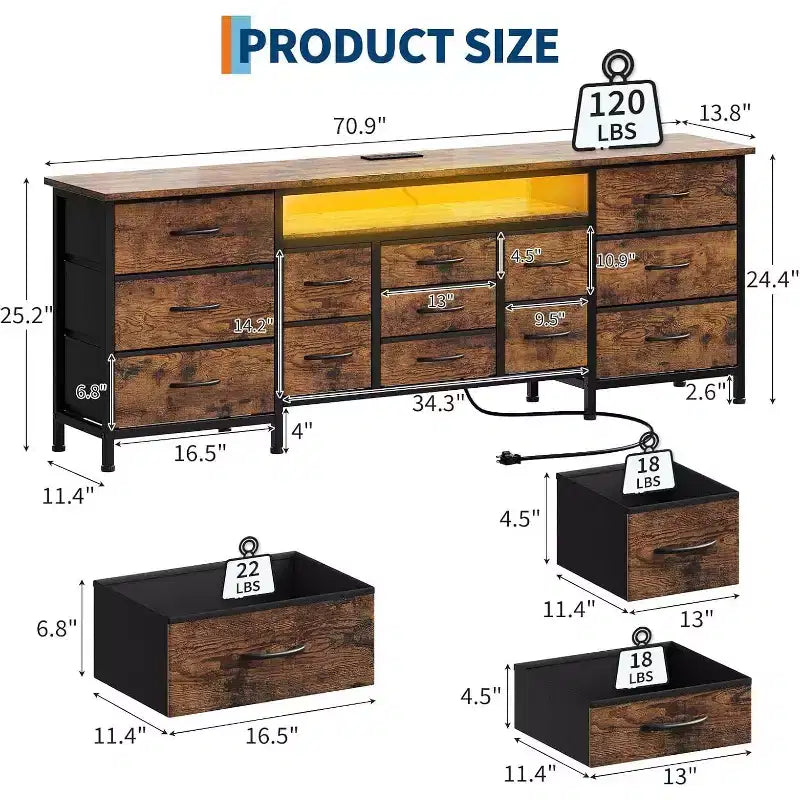 Commode et meuble TV 13 tiroirs de 70 pouces, organisateur de rangement multifonctionnel pour téléviseurs de 65 à 80 pouces, armoire en tissu pour chambre et salon