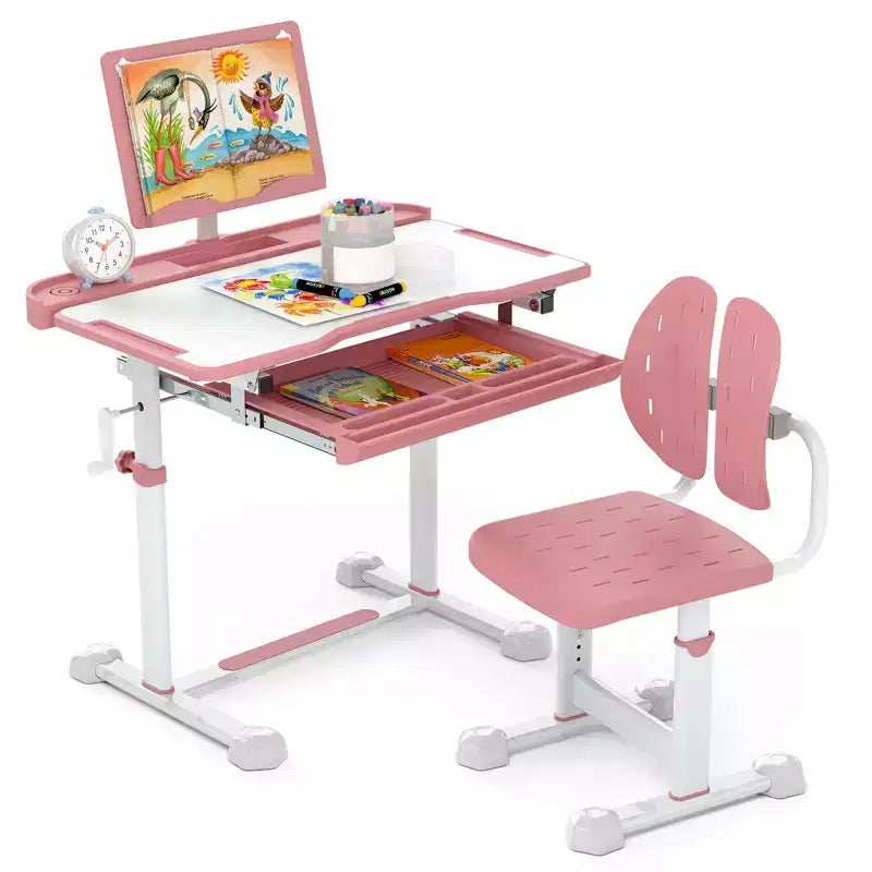 Bureau et chaise d'étude pour enfants Costway avec plateau inclinable, porte-livres et barre repose-pieds pour tout-petits